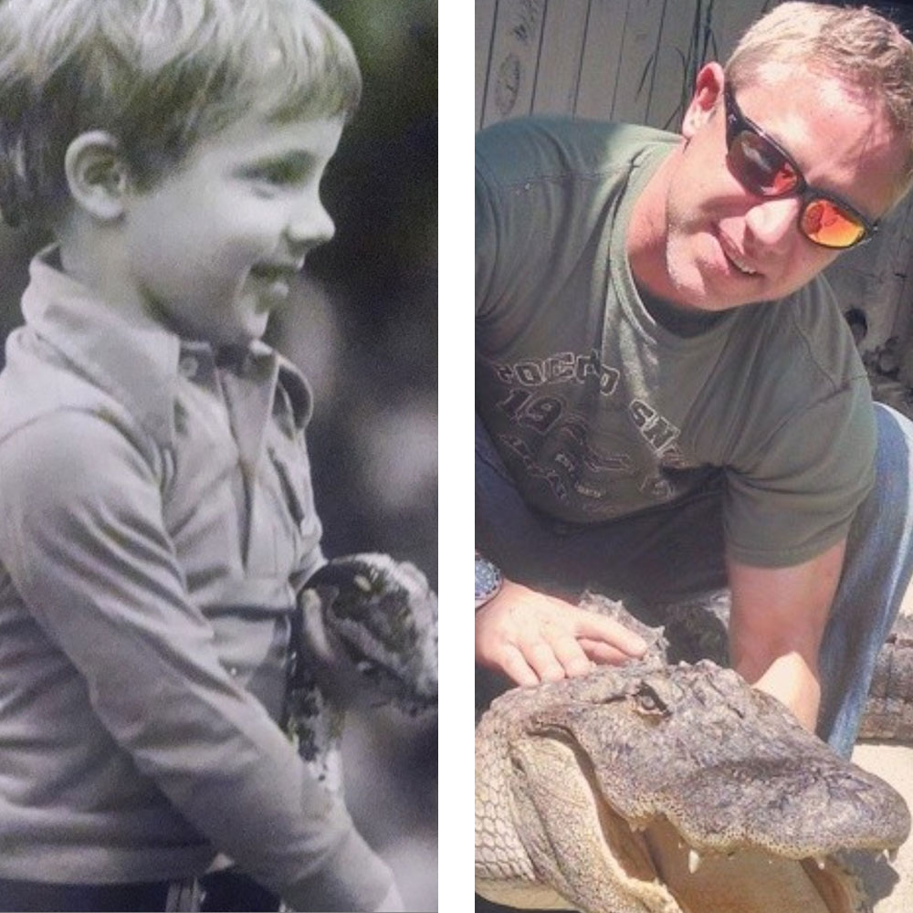 Man holding alligator as boy and adult